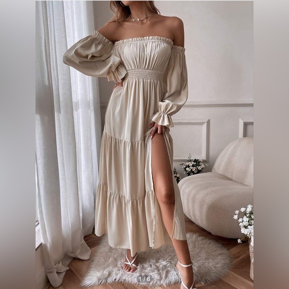 SHEIN Dresses & Skirts - Beige Off Shoulder Long Sleeve Boho Peasant Dress